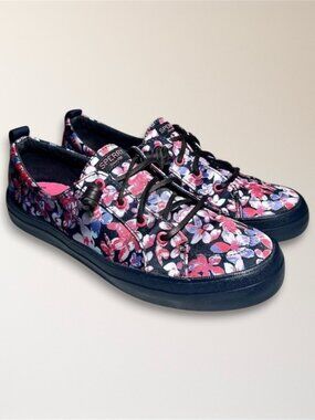 Sperry Crest Vibe 9.5 Floral Canvas Sneakers Pink Blue Lace Up Casual STS87000
